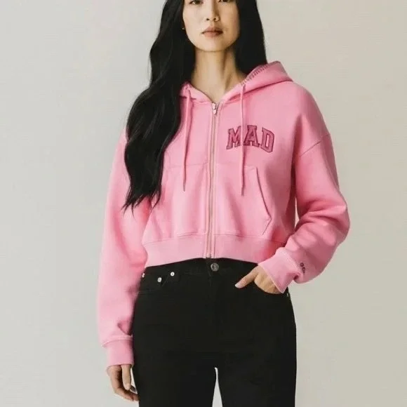 NWT GAP MadHappy Full Zip Crop Hoodie Sweatshirt MEDIUM Pink Embroidered Logo - Picture 1 of 16